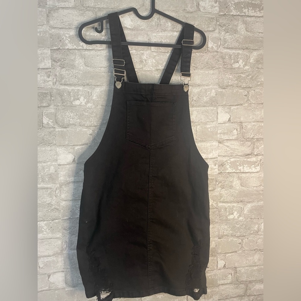 Black overall dress with distressing on the bottom | size Small | black overalls